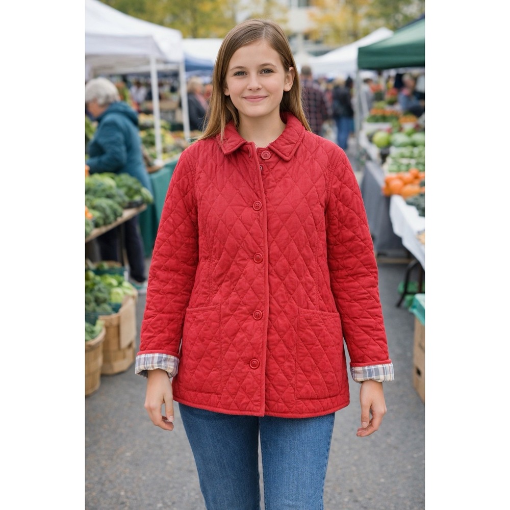 L.L.Bean Quilted Jacket Womens Small Red Barn Coat Plaid Lined Classic